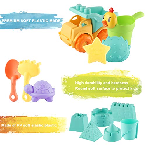 MINGPINHUIUS Toddlers Beach Toys Kids Beach Sand Toy Set with Dump Truck Duck Bucket and Mesh Bag Soft Plastic Material (13 pcs)