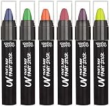 UV Face and Body Paint Sticks - Costume, Halloween and Club Makeup - Safe for all Skin Types - Easy On and Off - by Splashes & Spills (6 Pack)