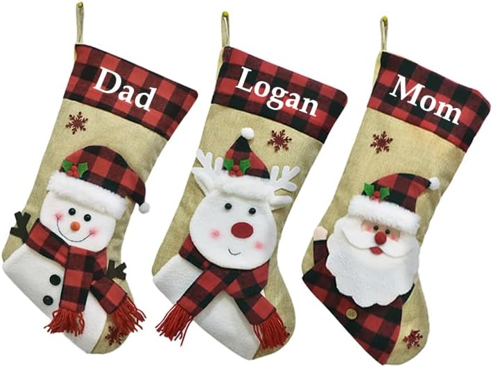 Stockings & Holders - Ulico Personalized Christmas Stocking,Custom Name Burlap Plaid Stockings, 18” Large Santa Snowman Deer Xmas Stocking for Kids,Holiday and Family Stocking for Fireplace Party Decoration (4 Pcs)