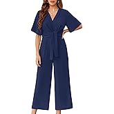 GAMISOTE Womens Wide Leg Jumpsuits Short Sleeve Tie Knot Front Summer Long Romper