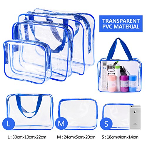 3Pcs Clear PVC Travel Toiletry Bag Set, Zipper Cosmetic Make Up Case, Waterproof Diaper Bag for Baby Extra Wet and Dry Cloth, Transparent Pouch, Craft Supplies, Beach Pool Bag Packing Organizer Blue