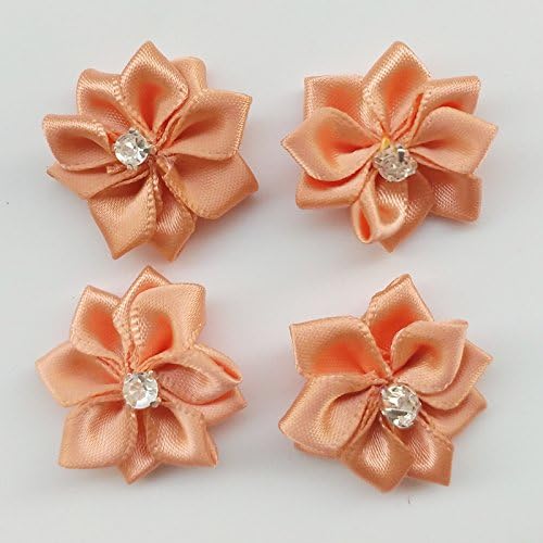 Libiline Upick More Than 26 Colors 40PCS Satin Ribbon Flowers Bows Rose w/Rhinestone Appliques Craft Wedding Dec (D-Peach)