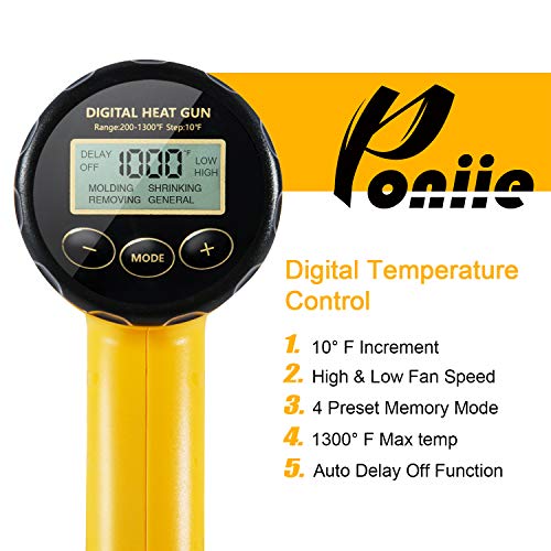 Poniie PN-H20 Digital Temperature Control LCD Heat Gun 1800W Heavy Duty Hot Air Gun 200~1300â„‰ for Crafts, Shrink Wrapping, Paint Remover