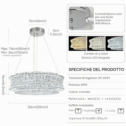 AOOCHOK Modern Crystal Chandelier for Dining Room, LED Chrome Pendant Lights, Round Crystal Pendant Light for Living Room, Hallway, Kitchen Island, D50cm