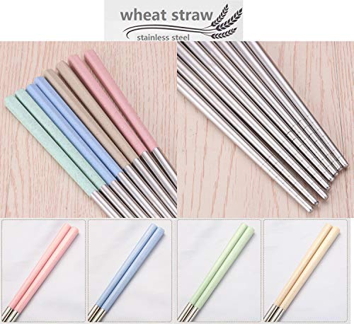 4 Pairs of Stainless Steel Wheat Straw Chopsticks Set,Environmental Reusable Heat Resistant Stainless Steel Wheat Straw Handle Traditional Chinese Chopsticks