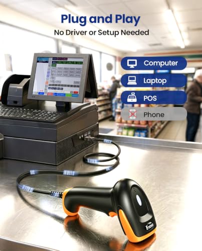Eyoyo Lecteur Codes Barres 1D 2D, Handheld Wired USB Douchette Code Barre QR PDF417 Data Matrix, Lecteurs de Code Barre with USB Cable for PC Mac pour Mobile Payment Convenience Store...Orange