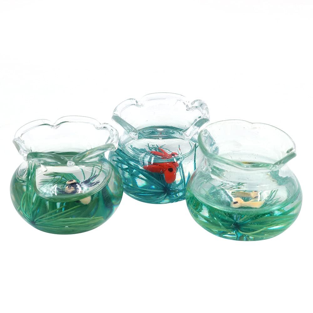 CENPEK 3PCS 1:12 Miniature Glass Goldfish Bowl with Fish Miniature Fish Bowl Glass Fish Tank Dollhouse Accessories
