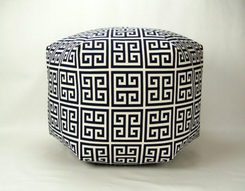24" Floor Ottoman Pouf Pillow, Navy Blue and Natural Greek Key
