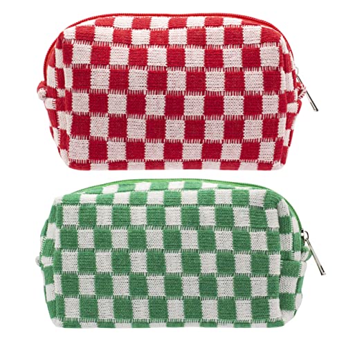 PAZIMIIK Checkered Makeup Bag for Purse Portable Zipper Make Up Pouch Small Cosmetic Case for Travel Accessories (2PCS Red Green)