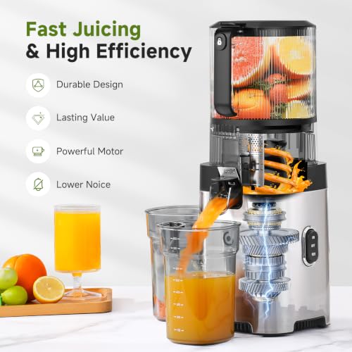 AMZCHEF Juice Extractor, Slow Juicer with XL Opening of 158MM, Capacity of 2.5L, Cold Pressed Blender for Whole Fruits and Vegetables, Stainless Body, Easy Assembly and Cleaning, Silver/Black | Capacidad de 2,5L, Licuadora Prensado en Frío para Frutas y Verduras Enteras, Cuerpo Inoxidable, Fácil Montaje y Limpieza