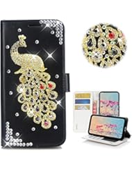 STENES Bling Wallet Case Compatible with Samsung Galaxy Note 4 - STYLISH - 3D Handmade Crystal Peacock Magnetic Wallet Design Leather Cover Case - Black