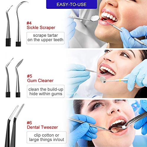 Dental Tools, 6 Pack Teech Cleaning Tools Set Stainless Steel Dental Scraper Tooth Pick Hygiene Set with Mouth Mirror, Tweezer Kit for Dentist, Family Oral Care, Dogs - with Leather Case - Thumbnail 4