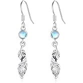 TRISHULA Feather Earrings 925 Sterling Silver Moonstone/Turquoise/Malachite Feather Dangle Drop Earrings Feather Jewelry for Women