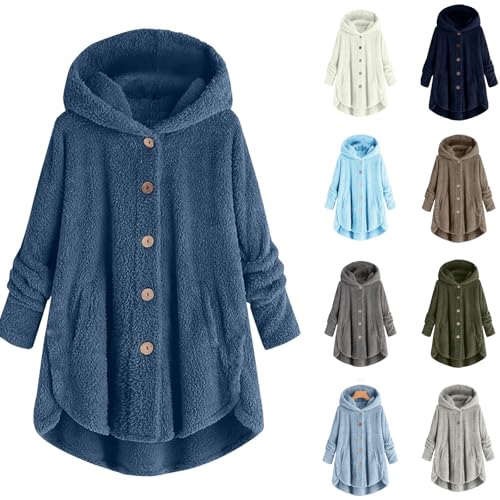 DUHGBNE Long Length Cardigans for Women UK Womens Long Sleeve Cotton Cardigans Crew Neck Fleece Winter Hooded Sweater with Buttons Thick Warm Loose Fit Coat with Womens Sleeve Dark Blue