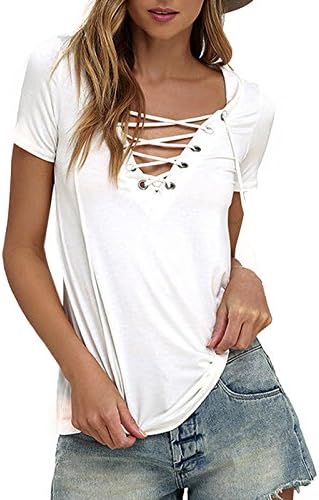 MAYSIKA Women's Sexy Lace Up V Neck Summer Casual Short Sleeve Top - White XL
