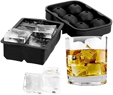 Ice Cube Trays (Set of 2) - Silicone Sphere Ice Ball Maker with Lid &amp; Large Square Ice Cube Mold for Whiskey, Cocktails, Bourbon (Black)
