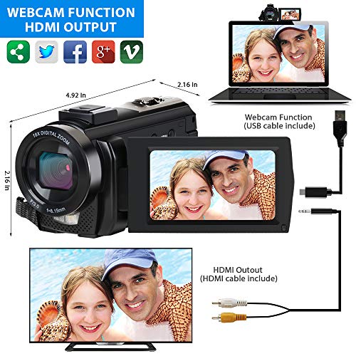Video Camera Camcorder HD 1080P 24.0MP 3.0 Inch LCD 270 Degrees Rotatable Screen 16X Digital Zoom Video Recorder,Remote Control and 2 Batteries