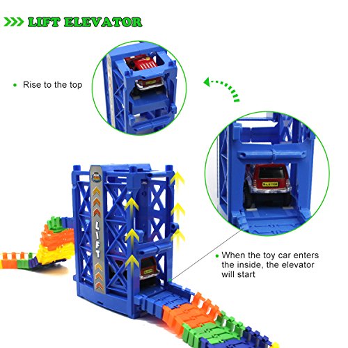Belive Race Track Creat A Dinosaur World Race Car Falls Off Lift 120 Pieces Flexible Track With 4 Trees , 2 Dinosaur Toys