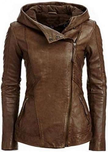 SITENG Women Autumn Winter PU Leather Zip Up Hooded Slim Biker Bomber Jackets Vintage Winter Overcoat
