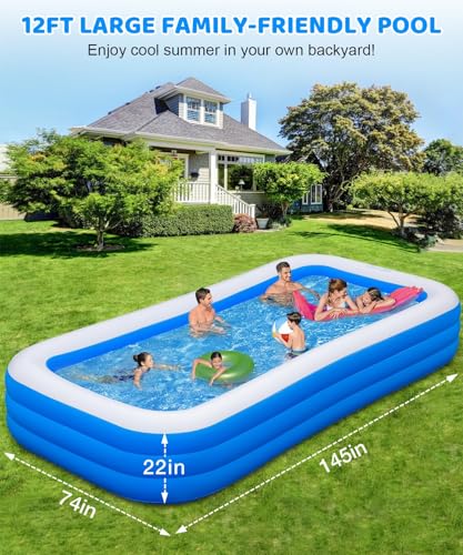 Extra Large Inflatable Swimming Pool - 145" X 74" X 22" Oversized Thickened Blow Up Pool for Kids and Adult, Kiddie Pool for Backyard, Easy Setup & Portable