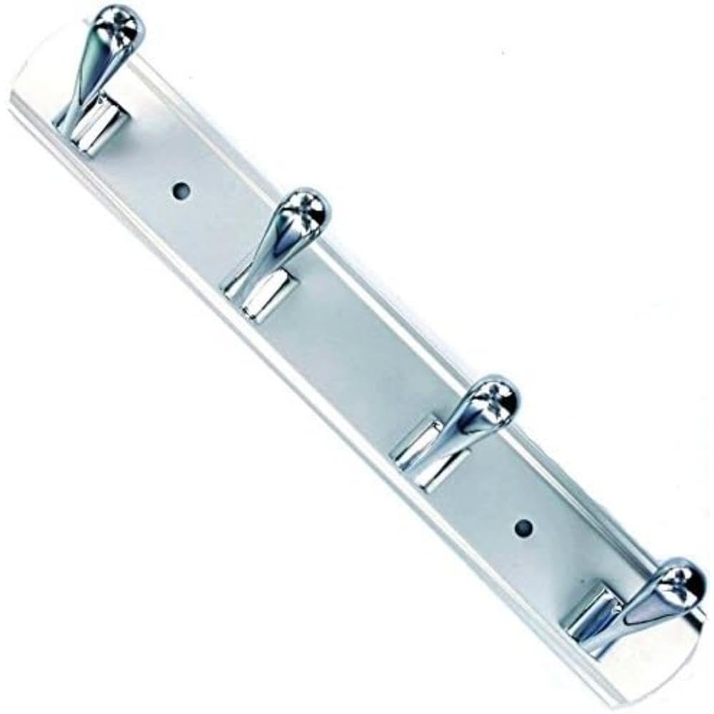 Merriway BH03340 Aluminium Bright Polished Robe Hooks x 4 on Matt Aluminium Rail