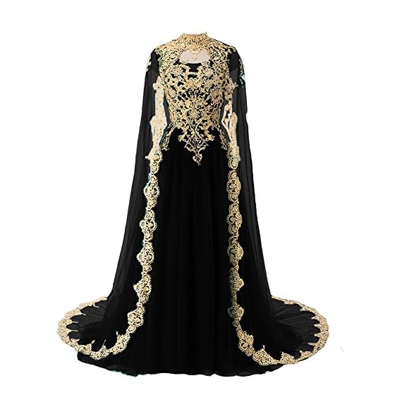 Gold-Lace-Vintage-Long-Prom-Evening-Dress-Wedding-Gown-with-Cape-Black-US-16