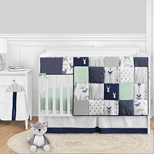 Candy Jojo Designs Woodland Arrow Deer Child Boy or Woman Nursery Crib Bedding Set – 5 Items – Navy Blue Mint and Gray Woodsy