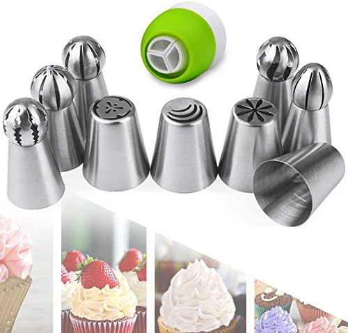 Thiroom 10PCS/Set Cake Pastry Cream Decoration Flower Decor Tips Stainless Steel Tool Russian Flower Socket Tool 5pcs Sphere Ball Tips Icing Piping Nozzles Tips +4pcs Piping Pastry Tips +1pcs Coupler