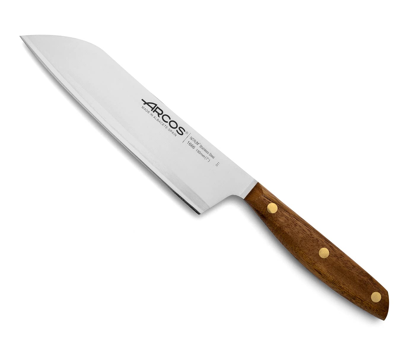Arcos Santoku Knife 7 Inch Stainless Steel. Japanese Kitchen Knife for Fish, Meat and Vegetables. Ovengkol Wood Handle 100% natural FSC and 190mm Blade. Series Nordika. Color Brown. Image