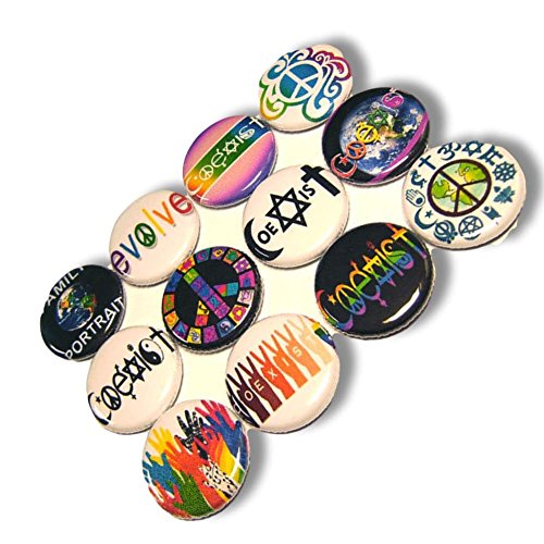 Custom & Novelty {1" Inch} 12 Bulk Pack, Mid-Size Button Pin-Back Badges for Unique Clothing Accents, Made of Rust-Proof Metal w/ "Coexist" Peace On Earth Love Everyone Set Beliefs Style [Multicolor]