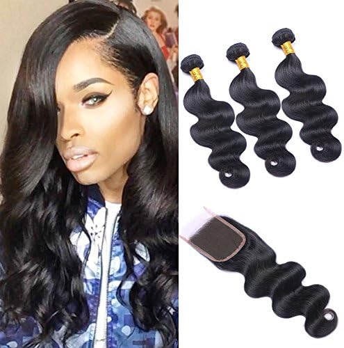 Fashion Vila Brazilian Virgin Body Wave 3 Bundles with Closure,（10 12 14+10"closure) Unprocessed Virgin Body Wave Human Hair Weave Weft Extensions with 4x4 Lace Closure Natural Color