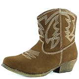 Women's Stitched Western Cowboy Stacked Heel Distress Embroidered Ankle Booties Fashion Shoes