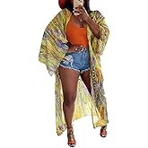 Yeshire Women's Sheer Chiffon Blouse Tops Kimono Cardigan Floral Loose Cover Ups Beach Cover up Swimsuit