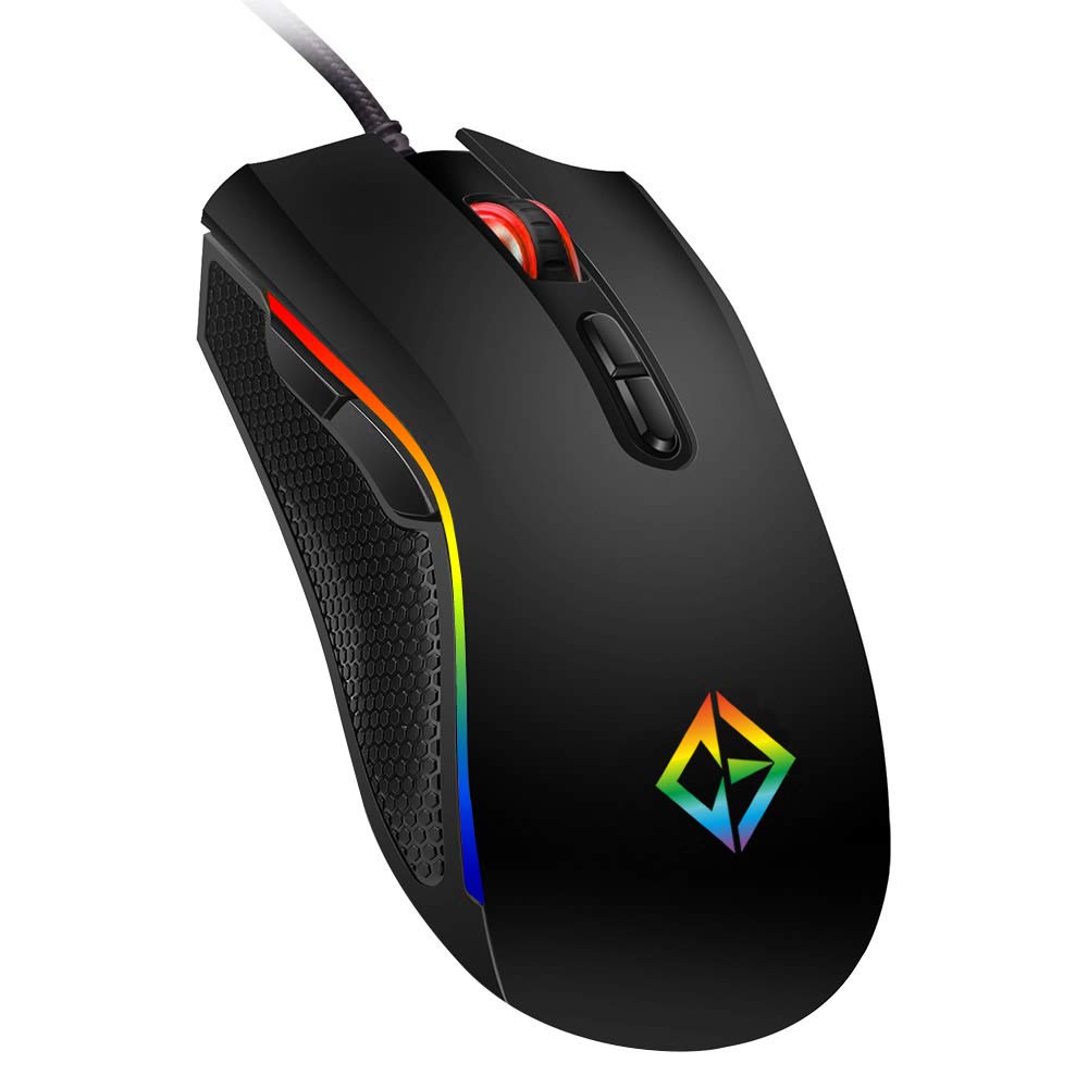 Combrite Gaming Mouse USB Wired, Rainbow LED Light, 7 Buttons, 6 Programmable Buttons, Chroma RGB Backlit, 4800 DPI Adjustable, Comfortable Grip Ergonomic Optical PC Computer Gaming Mice, Black