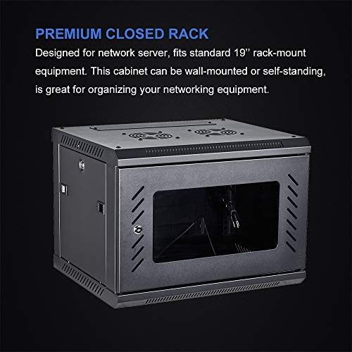 KENUCO [Fully Assembled] Deluxe IT Wall Mount Cabinet | Server Rack | Data Network Enclosure 19-Inch Server Network Rack with Locking Tempered Glass Door (Black 6U)