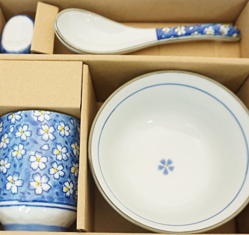 Japanese Traditional Cherry Blossom Sakura Dinnerware Set for 1 with Ceramic Rose Bowl Sushi Restaurant Tea Cup Ceramic Spoon and Ceramic Chopsticks Rest Holder Gift Set Tableware Starter Kit (Blue)