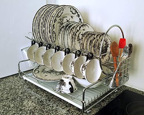 Modern Dish Drying Rack | Two Tier | Extra Deep Bottom Level | Hooks for Wine Glasses/Cups/Mugs | Cutlery Holder | Plastic Tray Insert | Glass/Mug Holder | Elegant Design & Great Build Quality