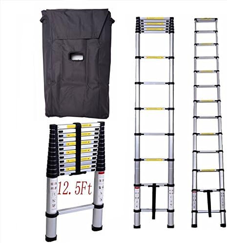 12.5ft Aluminum Telescopic Extension Ladder, Extendable Telescoping Ladder with Spring Loaded Locking Mechanism Non-slip Ribbing- Max 330 lbs Capacity