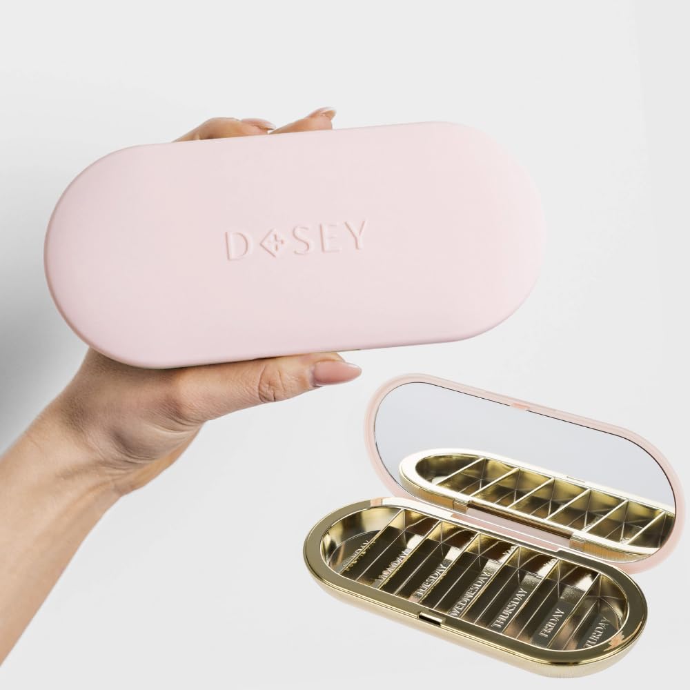 Photo 1 of Dosey 7 Day Pill Compact Travel Pill Organizer - Pill Case with 7 Pill Compartments for Medicine Storage & Protection – Stylish & Elegant Medication Organizer with Mirror, Blush