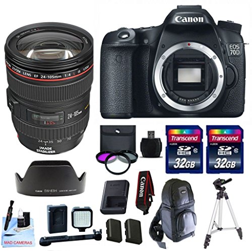 Canon 70D + Canon EF 24-105 f/4 L IS USM (Glass Element) Lens + 2 32GB Transcend SD Memory Cards + LED Video Light + Spare LP E6 Battery + DSLR Sling Bag & More - International Version Canon 70D + Canon EF 24-105 f/4 L IS USM (Glass Element) Lens + 2 32GB Transcend SD Memory Cards + LED Video Light + Spare LP E6 Battery + DSLR Sling Bag & More - International Version