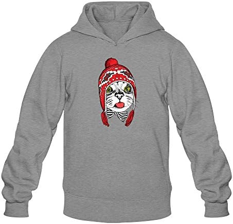 Mens Long Sleeve A Cat In Red Winter Hat With Ear Flaps And Tie Print Hoodies D-grey