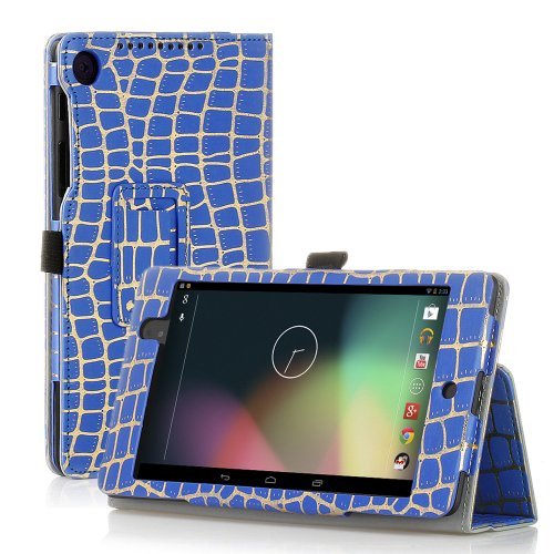 TNP Google Nexus 7 FHD 2nd Gen Case (Gold Stripe Blue) - Slim Fit Synthetic Leather Folio Case Stand with Smart Cover Auto Sleep Wake Feature and Stylus Holder for Google Nexus 2 7.0 Inch 2013 Tablet (Best Case For Nexus 7 2nd Generation)