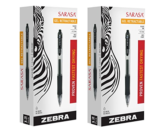 Zebra Sarasa Rapid Dry Ink Gel Retractable Pen, 0.7mm, Black, 24-Pack (46810)