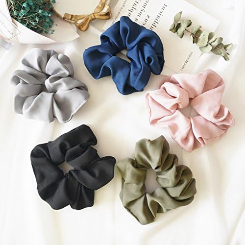FASOTY 5 Pack Large Hair Scrunchies Women's Chiffon Flower Hair Scrunchies Hair Bow Chiffon Ponytail Holder, 5 Solid Color