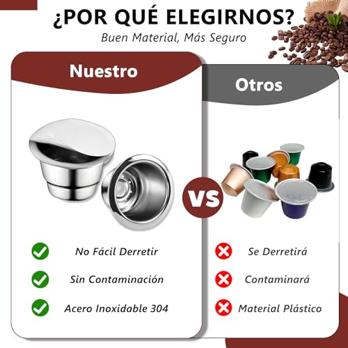 Capsulas de Café Reutilizables 6PCS, Cápsulas de Café de Acero Inoxidable, Resistente a Altas Temperaturas y Fácil de Limpiar, para Nespresso OriginalLine（6 Tazas + 200 Tapas + 1 Pincel + 1 Cuchara）