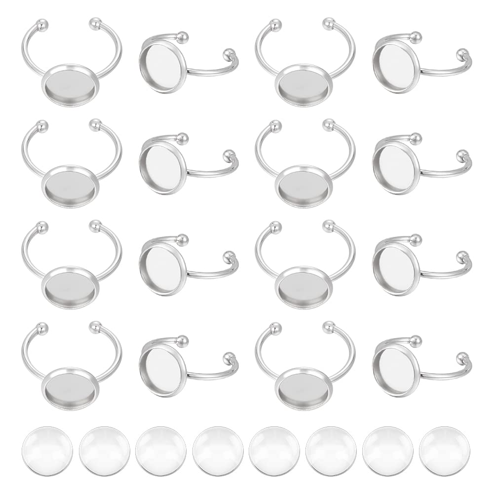 UNICRAFTALE 30 Piece Flat Pad Rings Stainless Steel Cuff 10mm Dome with 30pcs Glass Cabochon Blanks DIY Jewelry Making