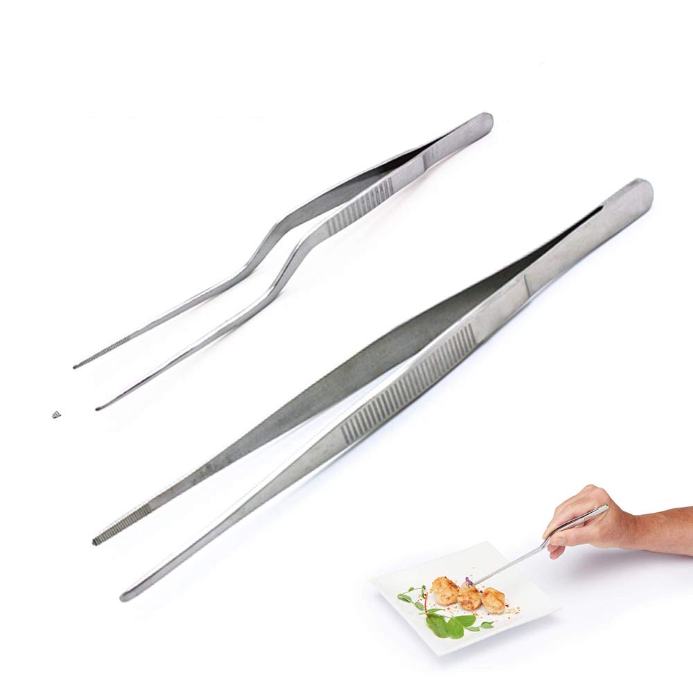 2-Piece Stainless Steel Kitchen and Culinary Cooking Tweezers Set,Precision Serrated Tips Chef's Tongs for Cooking Food Design,Garnish,Cake Decorating