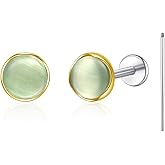 Limerencia Hypoallergenic Earrings for Sensitive Ears - G23 Titanium Round Cat's Eye Flat Back Stud Earrings, Cartilage 5mm Stone Pierced Earrings for Women Men Gift, Green
