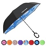 AmaGo Inverted Umbrella – Reverse Double Layer Long Umbrella, C-Shape Handle & Self-Stand to Spare Hands, Inside-Out Fold to Keep Cars & Drivers Dry, Carrying Bag for Easy Traveling