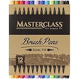 Masterclass Premium Dual Tip Brush Markers, 12 Color, Non-Toxic Water Based Double Tip Pens
